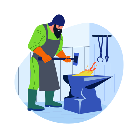 Blacksmith Working, Bladesmith, Farrier, Striking Hammer, Character illustration