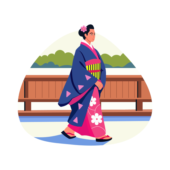 Kimono Walk, Japanese Attire, Yukata, Culture, Tradition, illustration