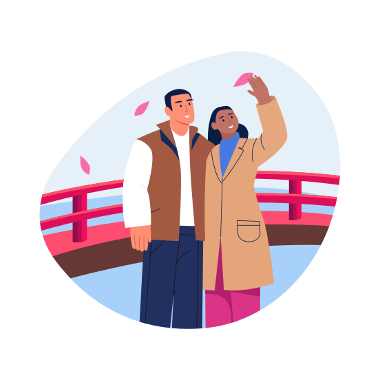 Sakura Festival, Couple, Enjoying, Culture, Celebrating, illustration
