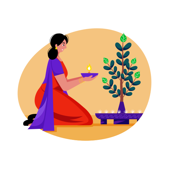 Plant Worship, Praying, Faith, Diwali, Tradition, illustration