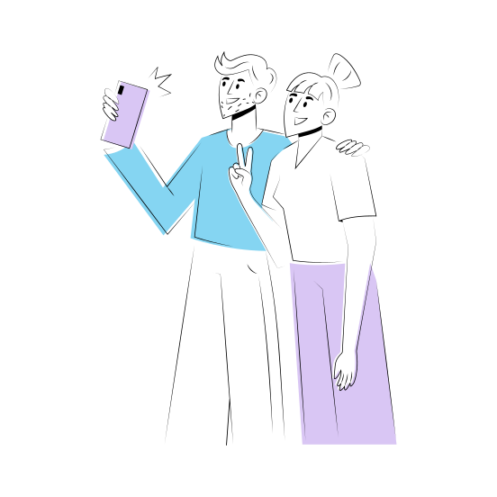 Selfie Partner, Posing, Taking Picture, Happy, Friends illustration