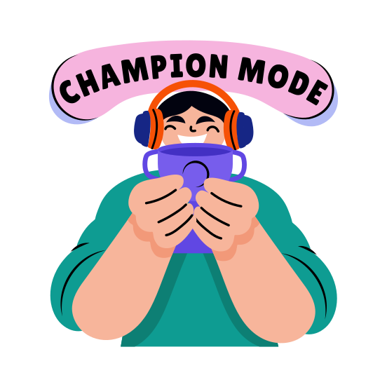 Champion Mode, Trophy, Reward, Character, Typography illustration