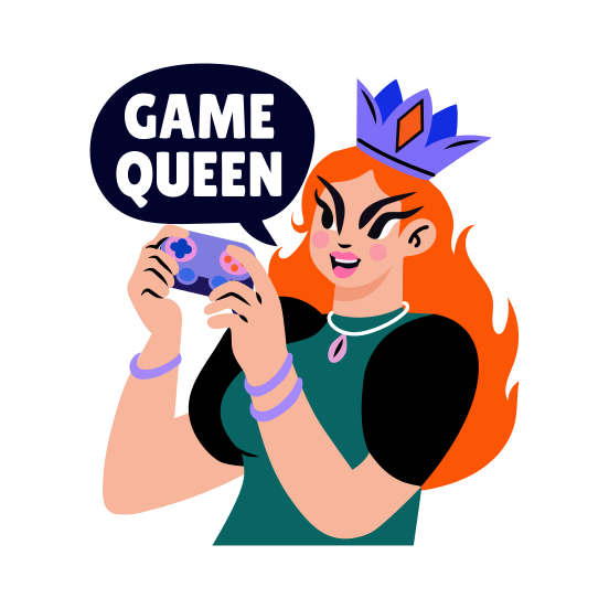 Game Queen, Playing, Gamepad, Character, Typography illustration