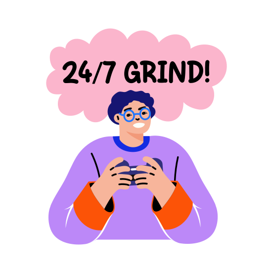 Grind Time, Gamepad, Gaming, Typography, Character illustration