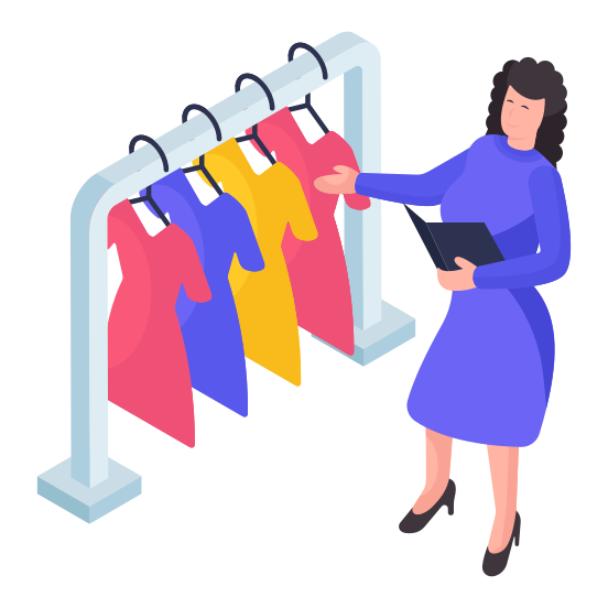 Clothes Seller, Sales Girl, Hanging Clothes, Hanging Dresses, Clothes Rack, illustration