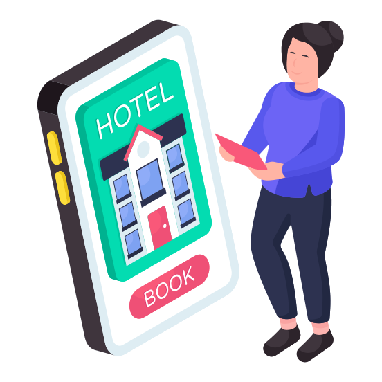 Mobile Hotel Booking, Mobile Motel, Mobile Building, Online Hotel, Mobile Hotel App illustration