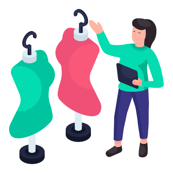 Fashion Designer, Hanging Clothes, Hanging Dresses, Clothes Rack, Ecommerce  illustration