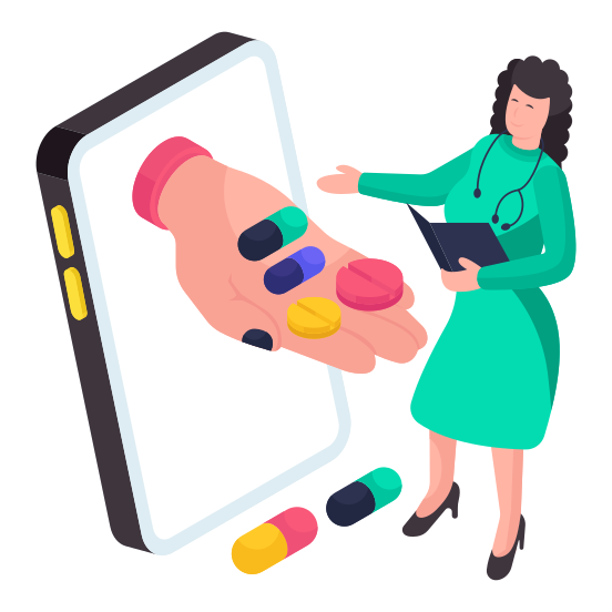 Online Medicine, Buy Medicine Online, Epharmacy, Online Pharmacy, Giving Pil illustration