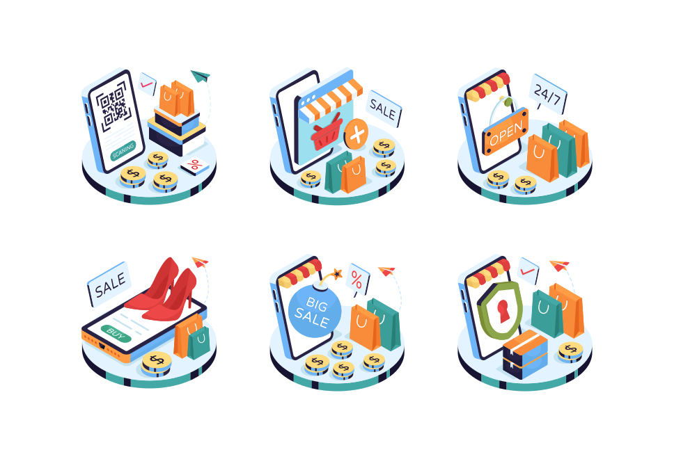 Online shopping and commerce isometric illustrations Large Set Preview