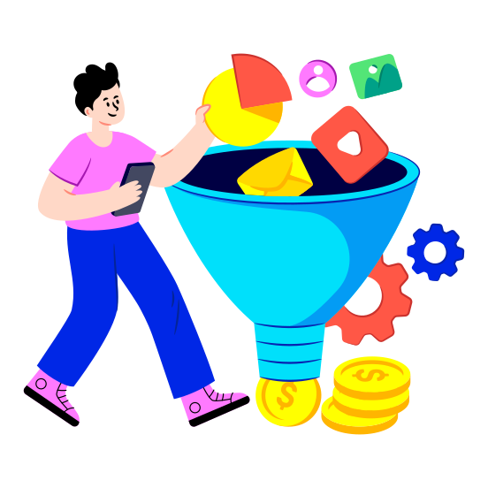 Social Media Earning, Data Funnel, Data Extraction, Data Pouring, Data Conversion illustration
