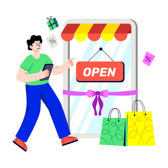Mobile Shop Open, Online Shop Open, Store Open, Eshop, Estore, illustration