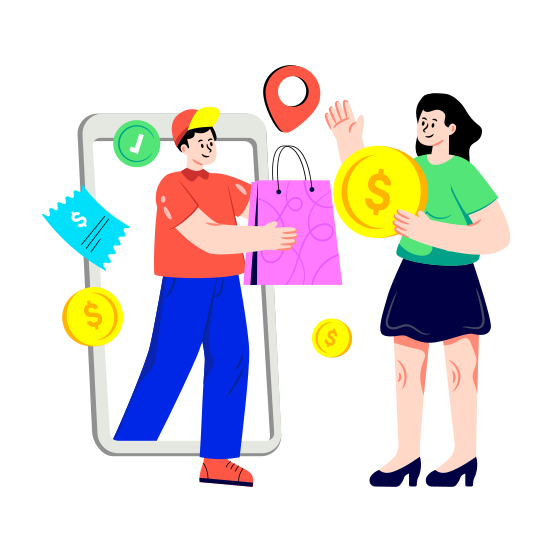 Mobile Shopping, Giving Shopping Bag, Ecommerce, Online Shopping, Cash On Delivery illustration