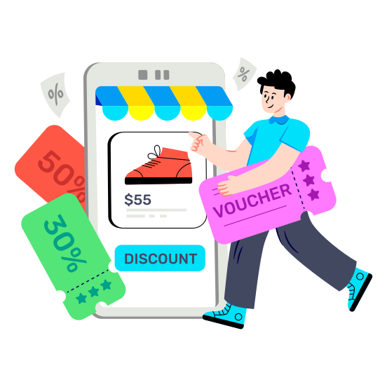 Online Shopping Voucher, Discount Voucher, Buy Shoe Online, Mcommerce, Online Shopping Sale illustration