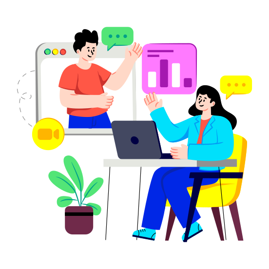 Virtual Meeting, Online Meeting, Creative Discussion, Creative Negotiation, Business Communication illustration