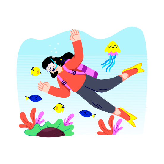 Female Diver, Frogman, Adventurer, Scuba Diving, Tourism illustration