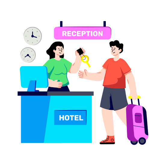 Hotel Reception, Reception Desk, Hotel Checkin, Info Desk, Hotel Receptionist illustration