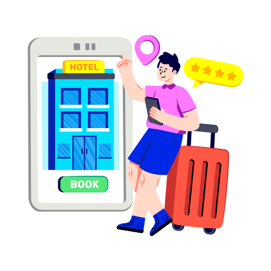 Mobile Hotel Booking, Mobile Motel, Mobile Building, Online Hotel, Mobile Hotel App illustration