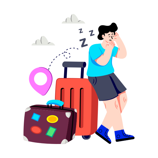Tired Traveler, Tired Tourist, Tiredness, Bagpacker, Snoozing illustration