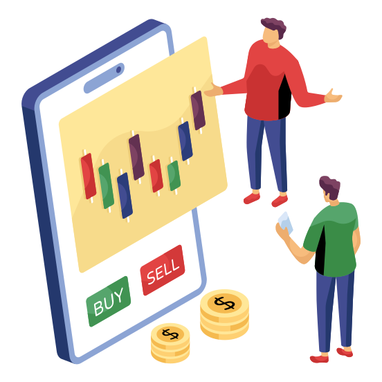 Mobile Trading, Mobile Selling, Buy Online, Ecommerce, Trading App, illustration