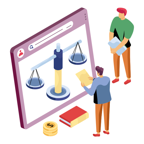 Online Justice, Equity, Fairness, Online Law, Justice Scale, illustration