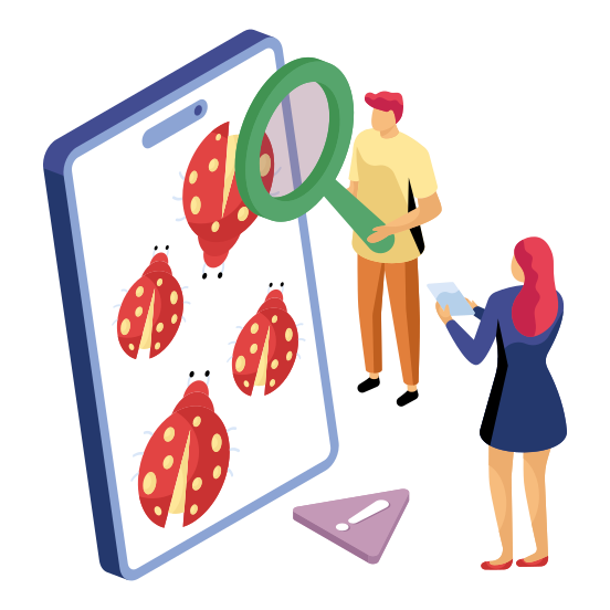 Bug Testing, Bug Analysis, Debugging, Search Bug, Search Virus, illustration