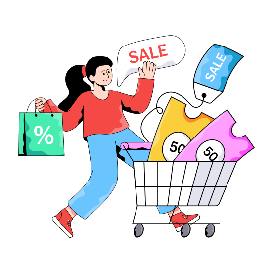 Shopping Discount, Shopping Sale, % Off, Commerce, Shopping Cart illustration
