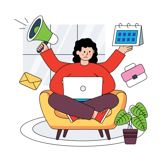 Home Workplace, Workspace, Multitasking Business Woman, Freelancer, Laptop User , illustration