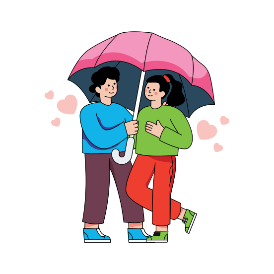Couple Under Umbrella, Lover, Twosome, Partners, Romantic Pose, illustration