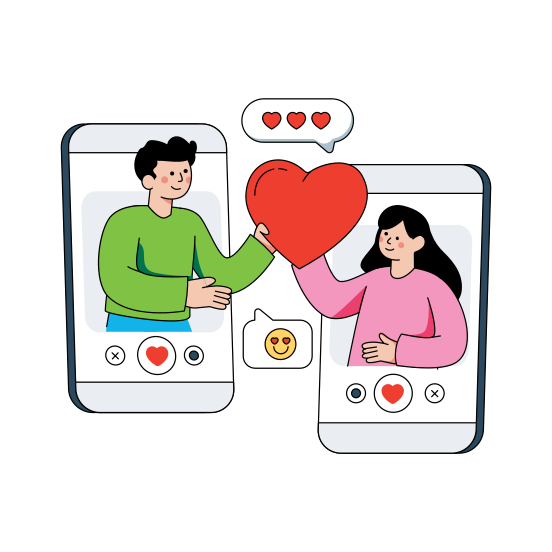 Online Love, Online Dating, Online Couple, Facechat, Romantic Video Call, illustration
