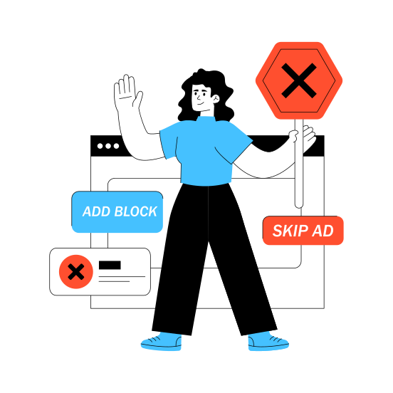 Skip Ad, Block Ad, No Ad, Wrong Ad, Block Advertising illustration